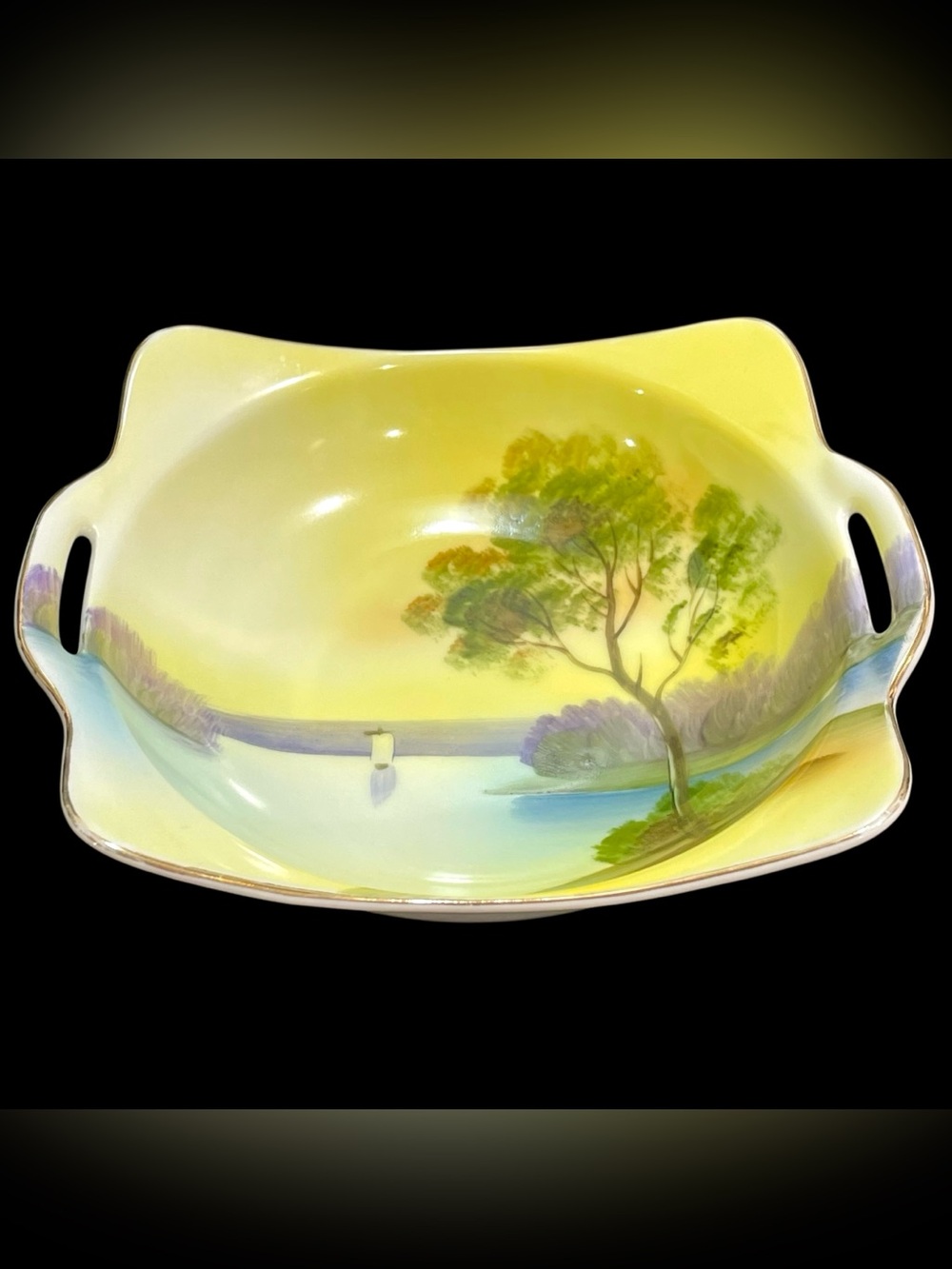 Antique 1920s Noritake Hand-Painted Square Dish - Art Deco Lakeside Scenery